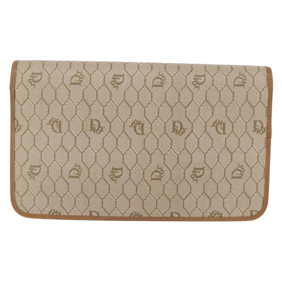 Christian Dior Trotter Canvas Chain Shoulder Bag Beige Gold Auth BA8648