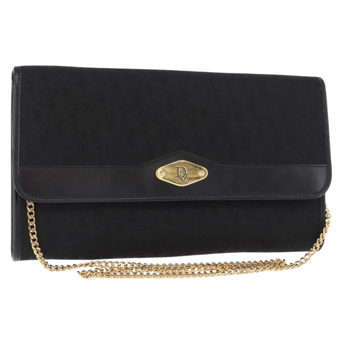 Christian Dior Trotter Canvas Chain Shoulder Bag Black Gold Auth BA8649