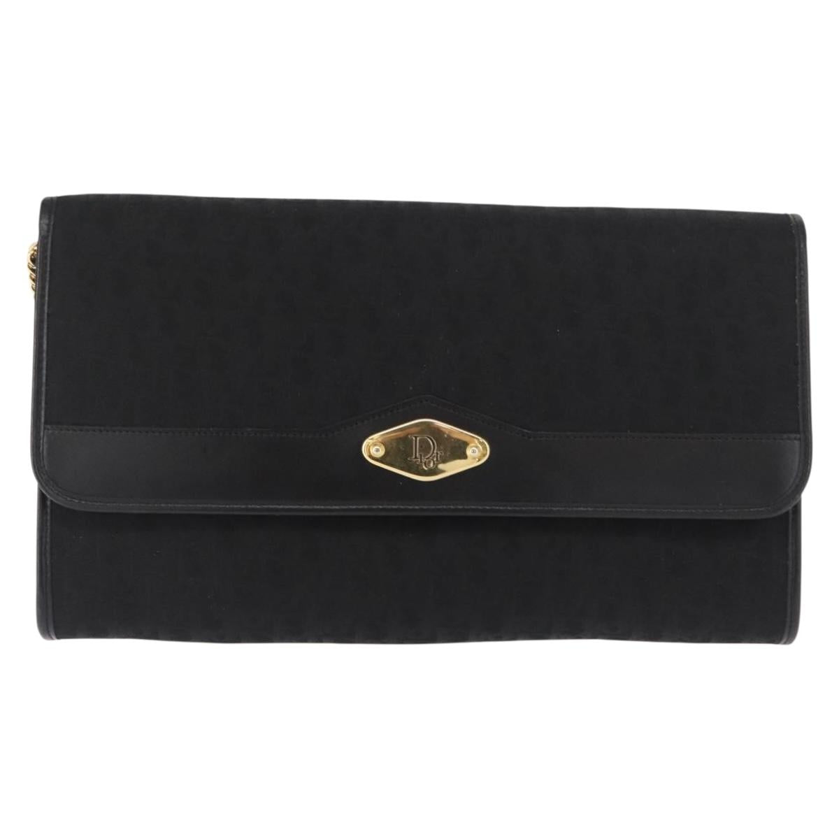 Christian Dior Trotter Canvas Chain Shoulder Bag Black Gold Auth BA8649