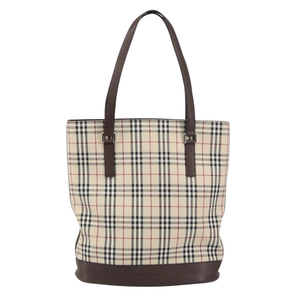 BURBERRY Nova Check Tote Bag PVC Beige Silver Auth BA8673