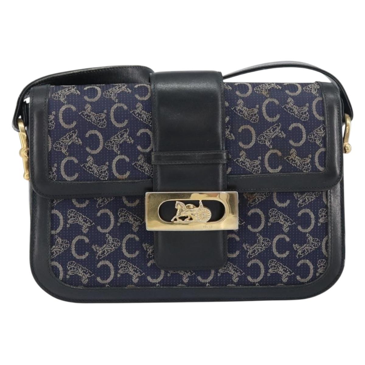 CELINE C Sulky Shoulder Bag Canvas Navy Gold Auth BA8677