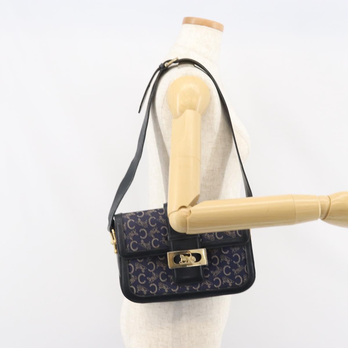 CELINE C Sulky Shoulder Bag Canvas Navy Gold Auth BA8677