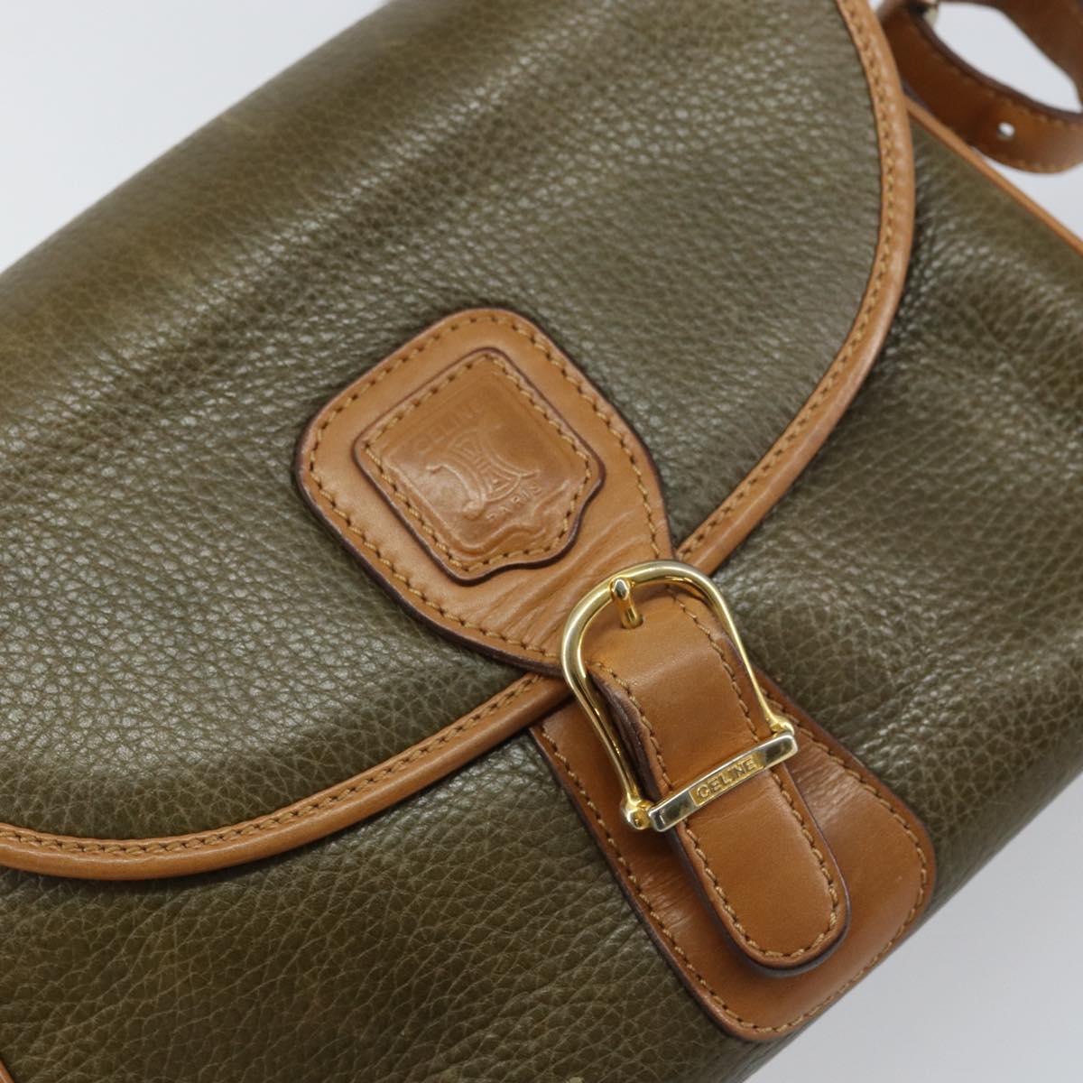 CELINE Shoulder Bag Leather Khaki Gold Auth BA8678