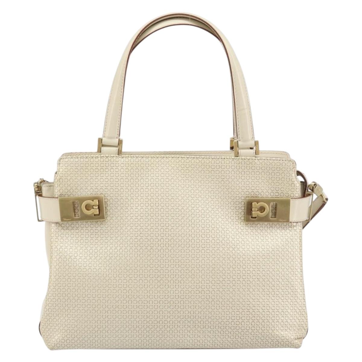 Salvatore Ferragamo Gancini Hand Bag Leather 2way White Gold Auth BA8684