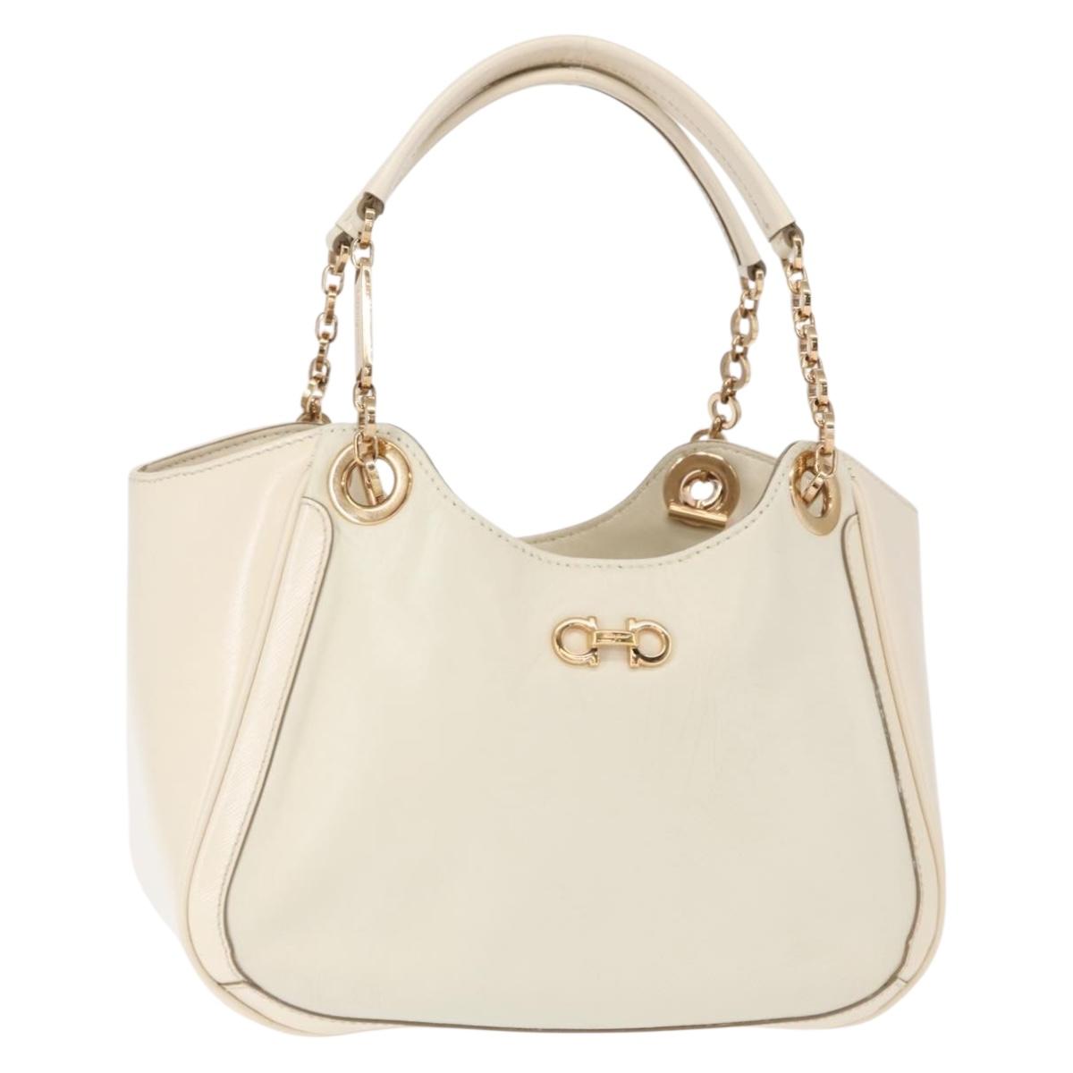Salvatore Ferragamo Gancini Chain Hand Bag Leather White Gold Auth BA8685