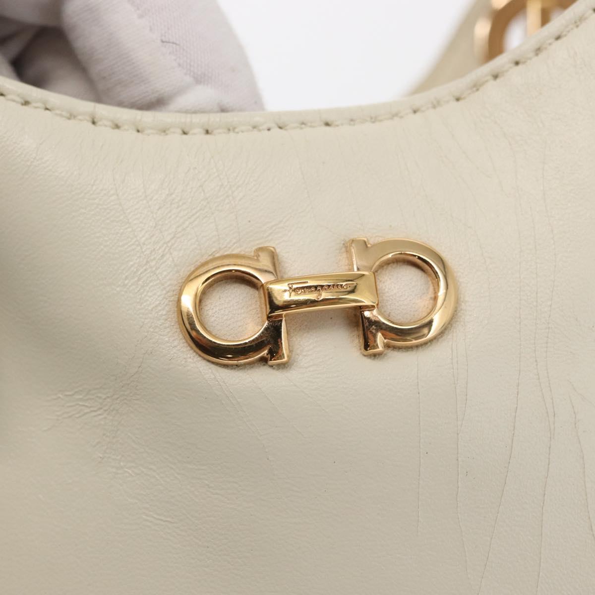 Salvatore Ferragamo Gancini Chain Hand Bag Leather White Gold Auth BA8685