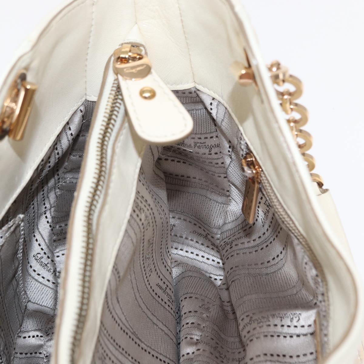 Salvatore Ferragamo Gancini Chain Hand Bag Leather White Gold Auth BA8685