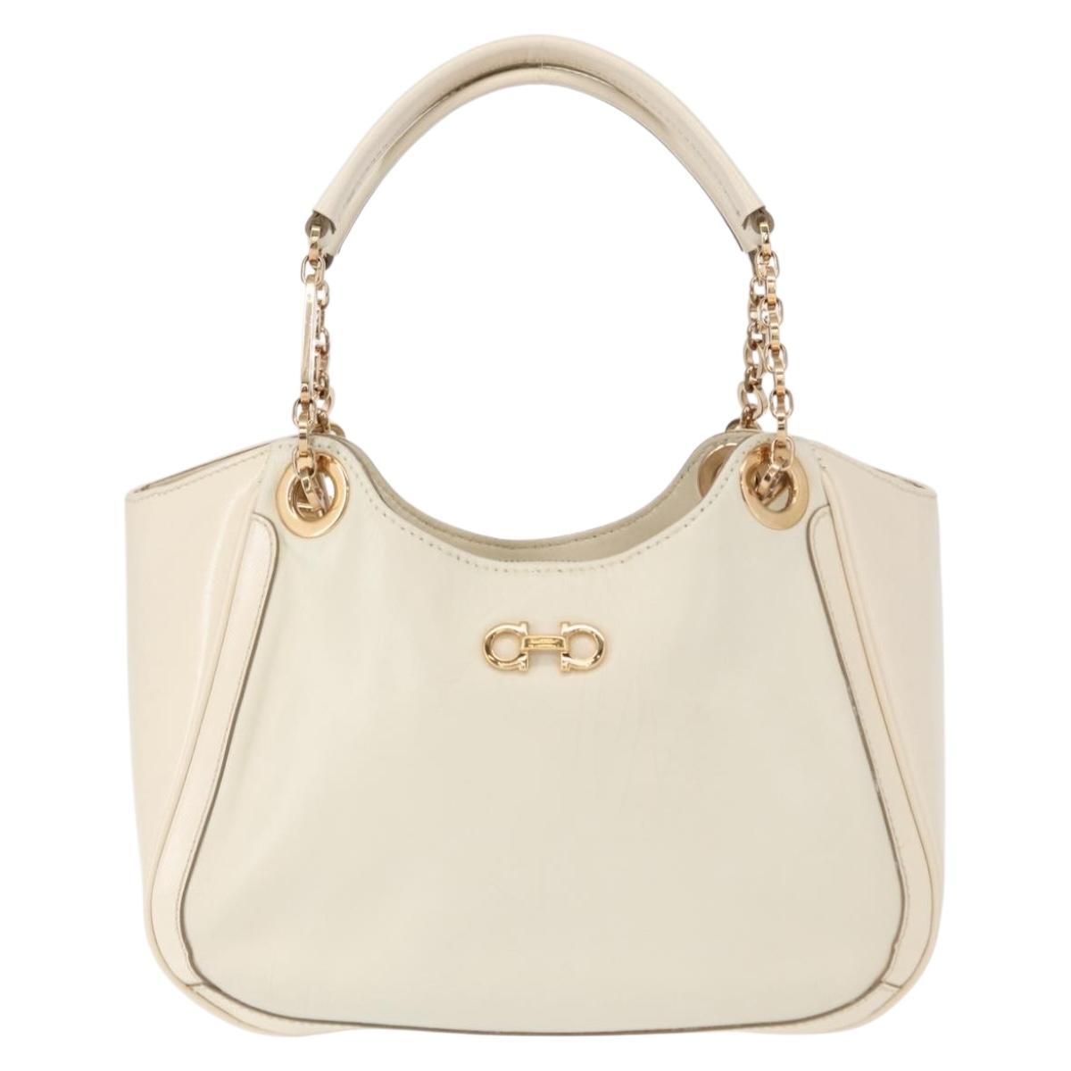 Salvatore Ferragamo Gancini Chain Hand Bag Leather White Gold Auth BA8685