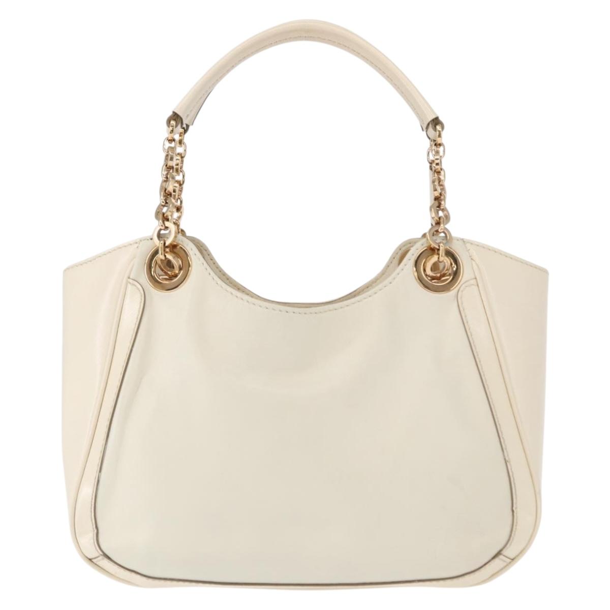 Salvatore Ferragamo Gancini Chain Hand Bag Leather White Gold Auth BA8685
