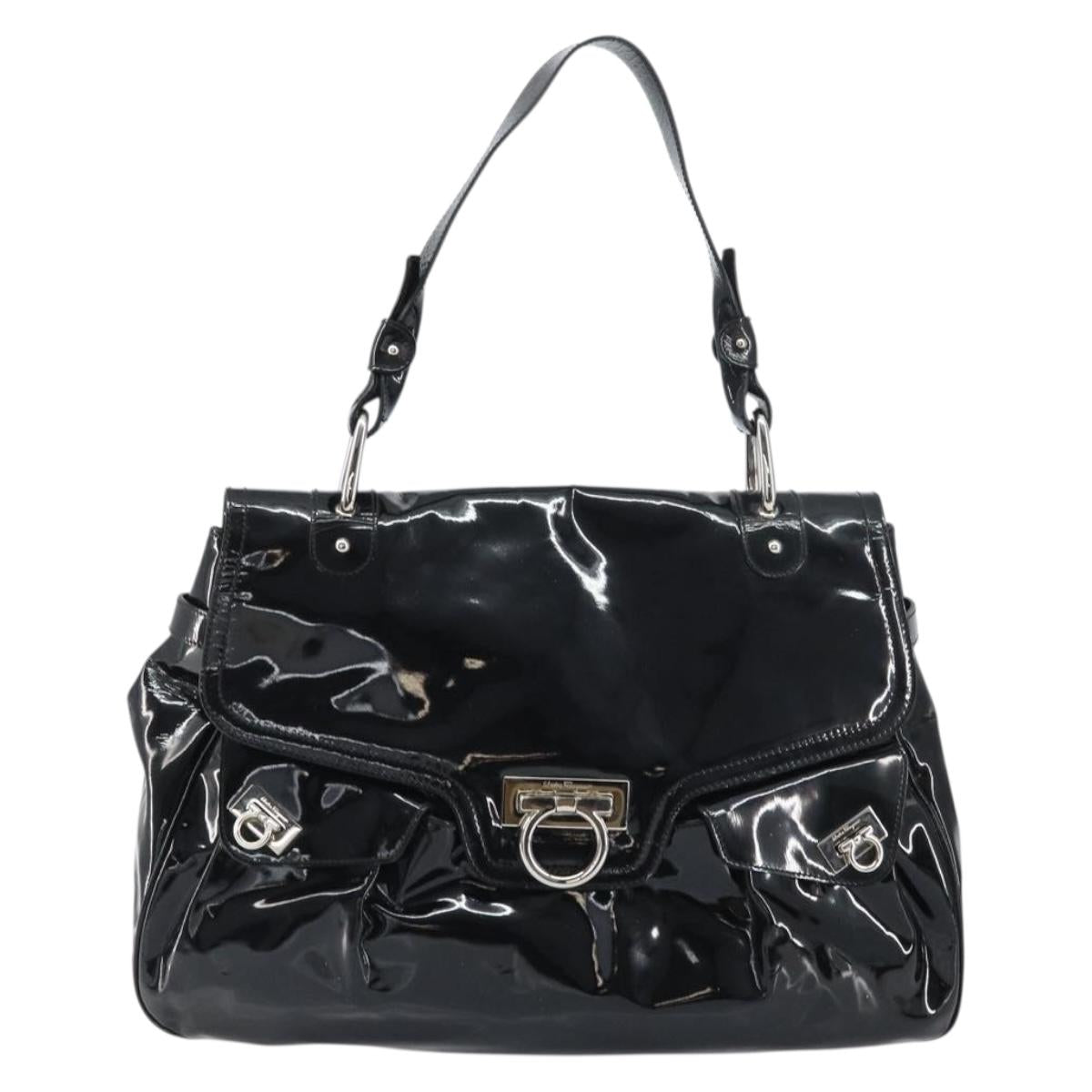 Salvatore Ferragamo Gancini Shoulder Bag Enamel Black Silver Auth BA8687