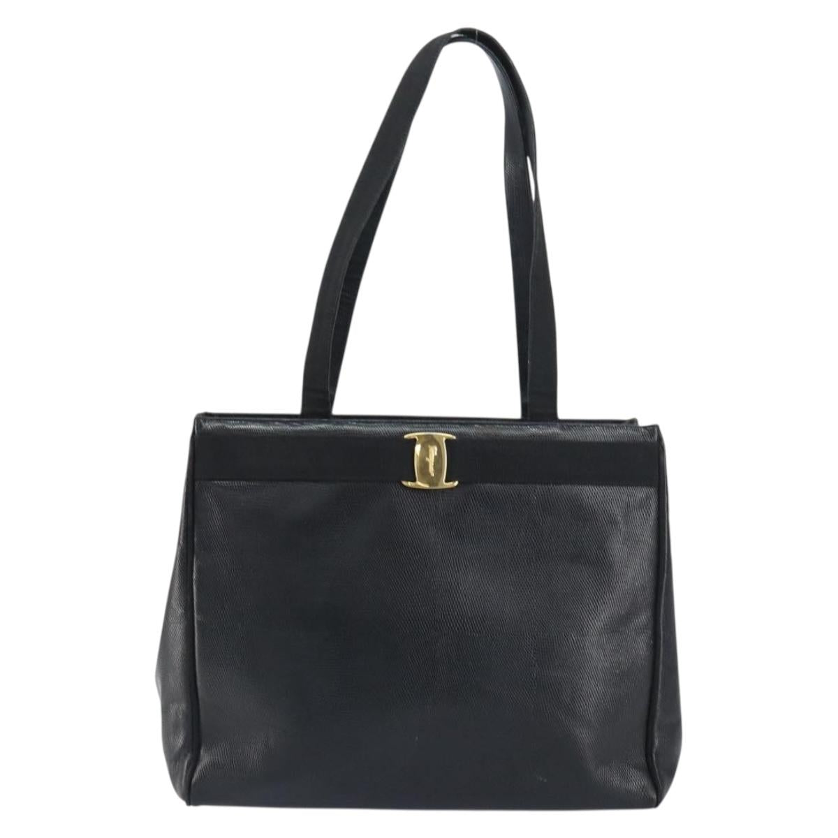 Salvatore Ferragamo Vala Tote Bag Leather Black Gold Auth BA8688