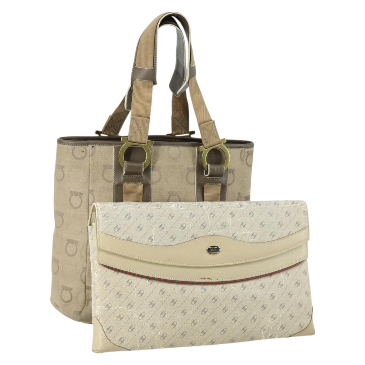 Salvatore Ferragamo Gucci Clutch Hand Bag Canvas PVC 2 Set Beige Auth BA8691