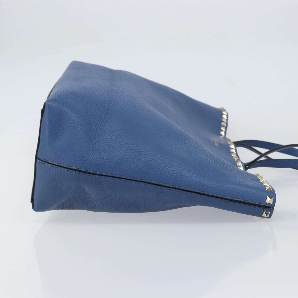 VALENTINO Studs Tote Bag Leather Blue Silver Auth BA8693