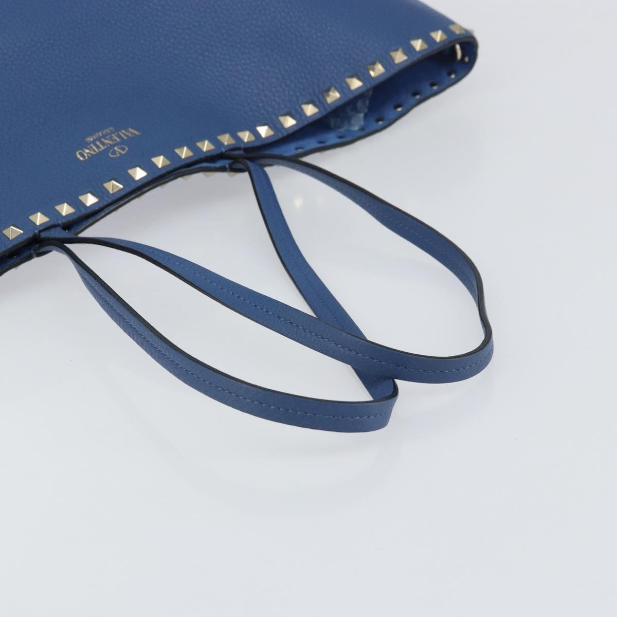 VALENTINO Studs Tote Bag Leather Blue Silver Auth BA8693