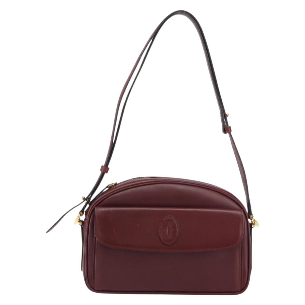 CARTIER Must Line Shoulder Bag Leather Bordeaux Gold Auth BA8700