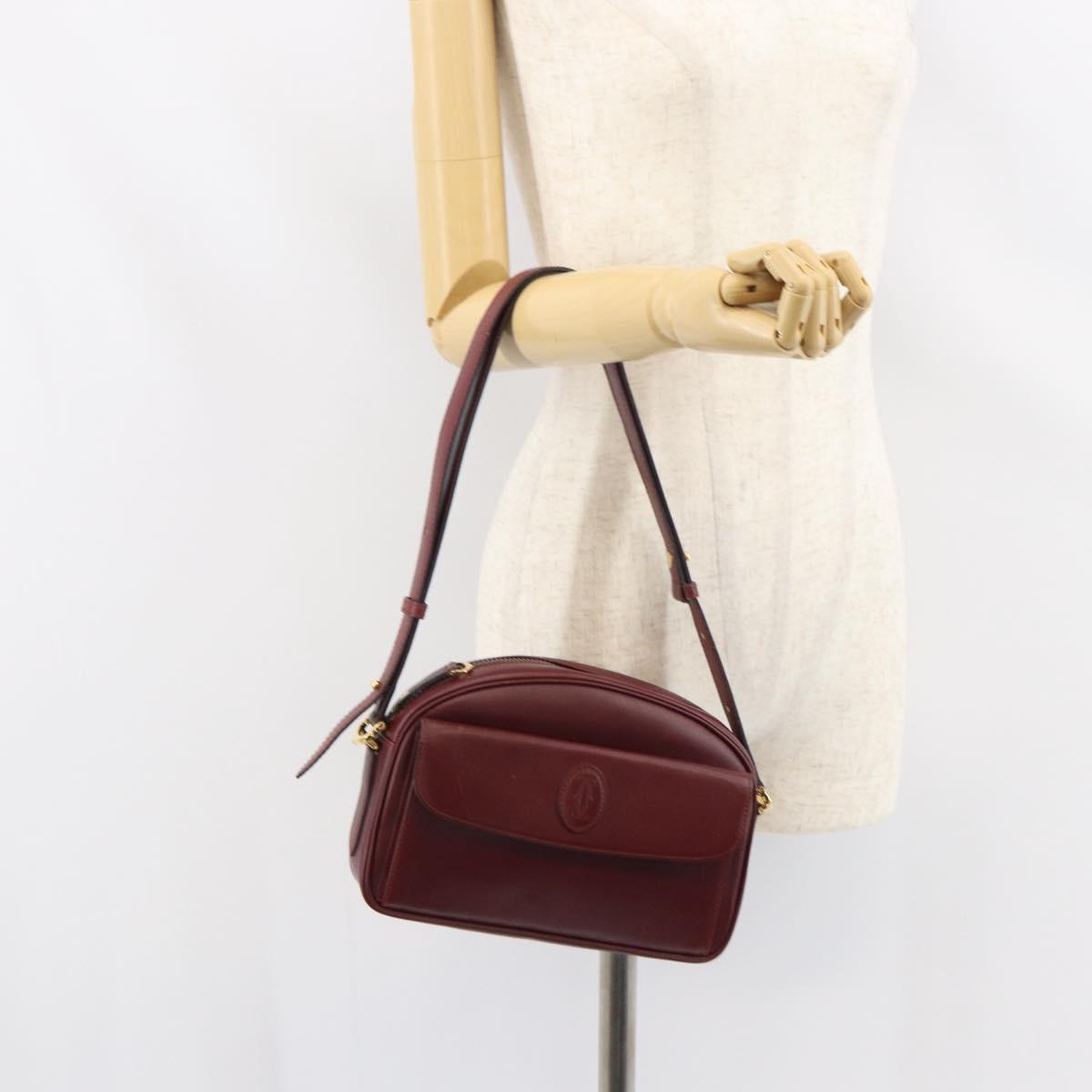 CARTIER Must Line Shoulder Bag Leather Bordeaux Gold Auth BA8700