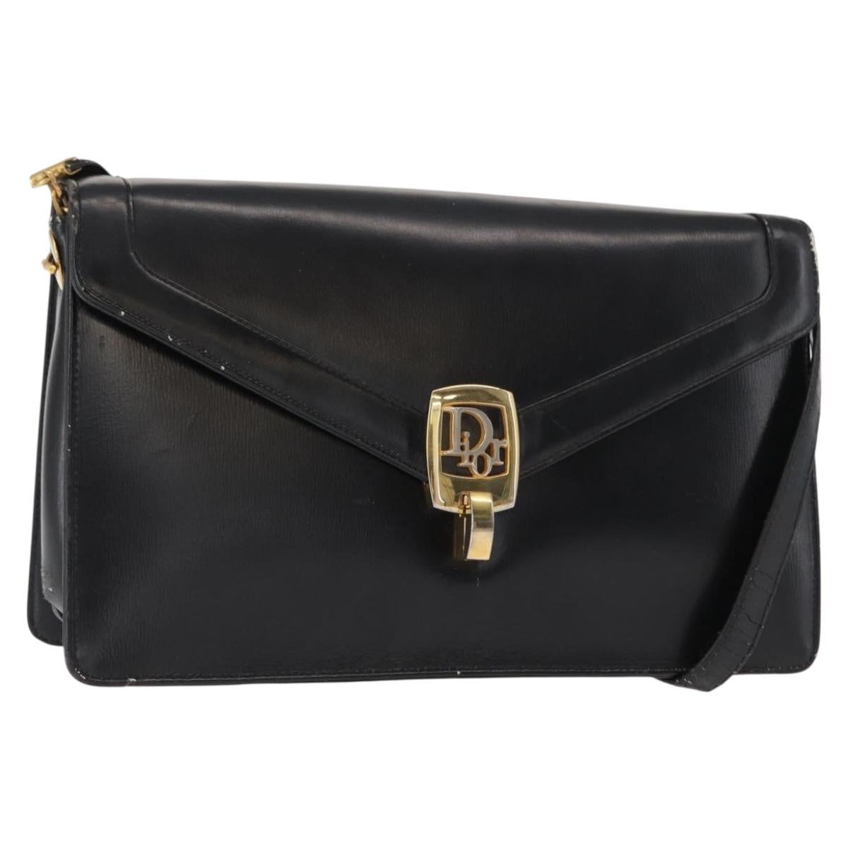 Christian Dior Shoulder Bag Leather Black Gold Auth BA8701