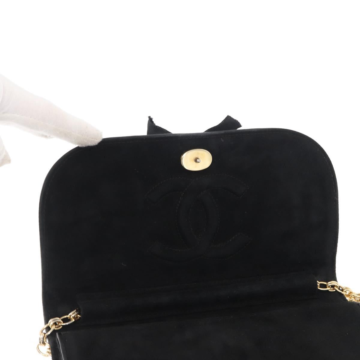 CHANEL Chain Shoulder Bag Suede Black Gold CC Auth BA8703
