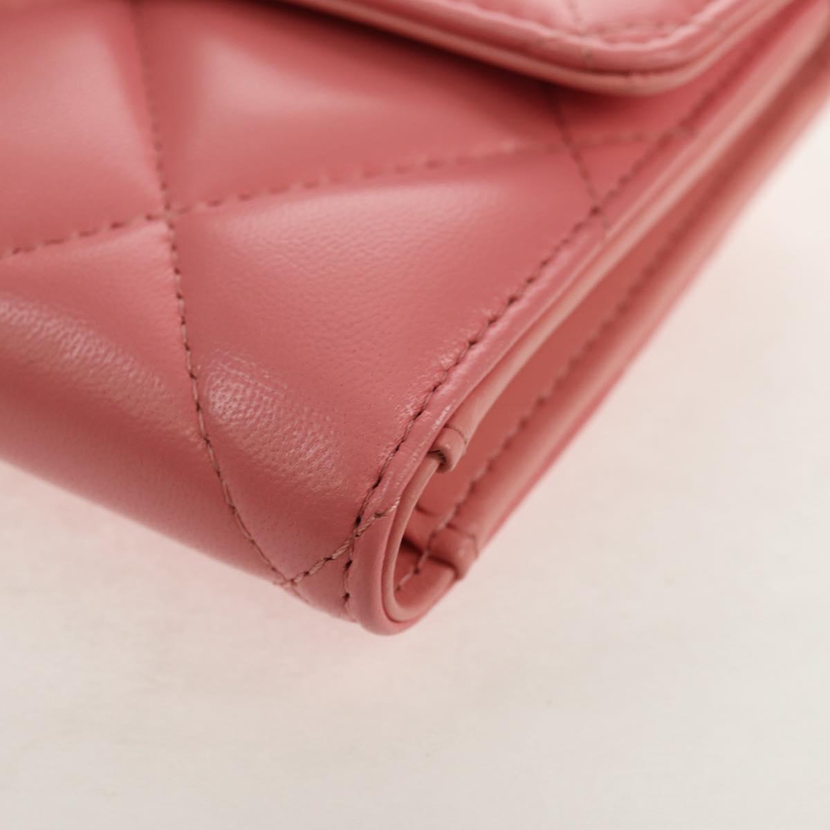 CHANEL Matelasse Bifold Wallet Lamb Skin Pink Silver CC Auth BA8708V