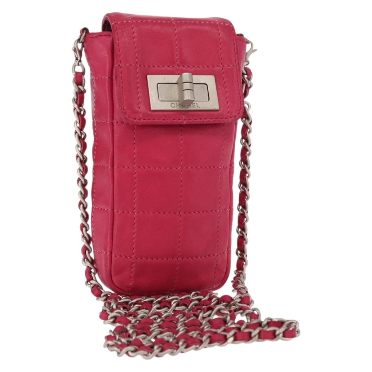 CHANEL Choco Bar line Chain Shoulder Bag Leather Pink Silver CC Auth BA8714