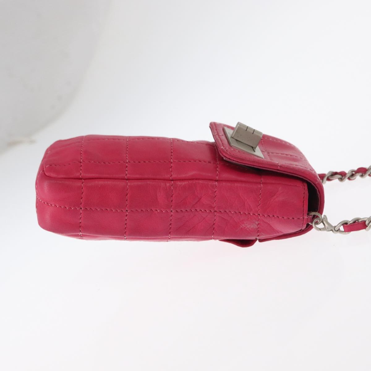 CHANEL Choco Bar line Chain Shoulder Bag Leather Pink Silver CC Auth BA8714