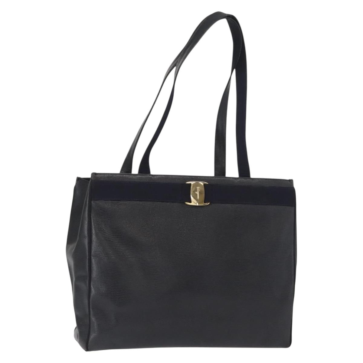 Salvatore Ferragamo Vala Tote Bag Leather Navy Gold Auth BA8751