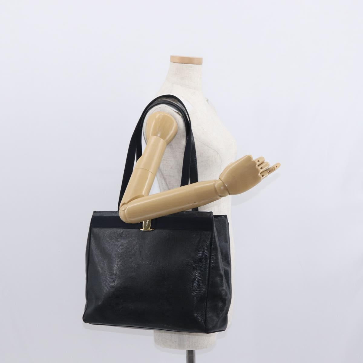 Salvatore Ferragamo Vala Tote Bag Leather Navy Gold Auth BA8751
