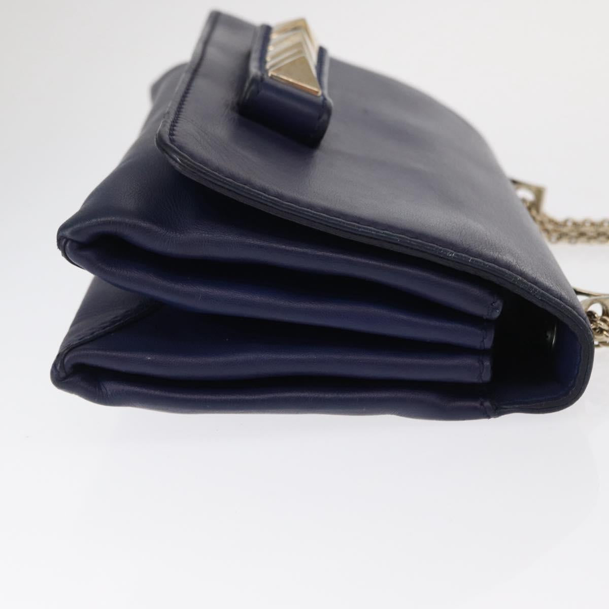 VALENTINO Studs Chain Shoulder Bag Leather Navy Gold Auth BA8756