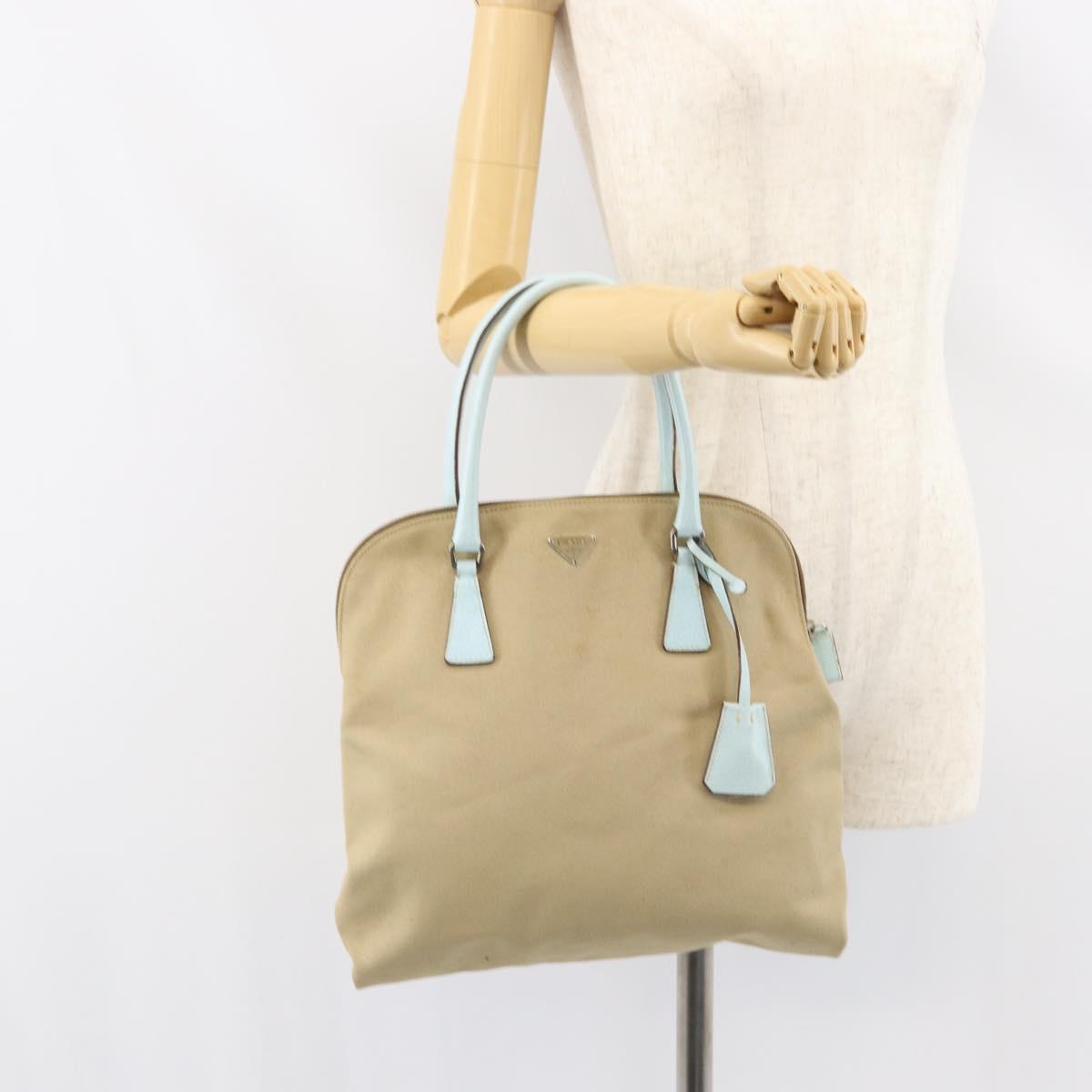 PRADA Hand Bag Canvas Silver Beige Auth BA8778