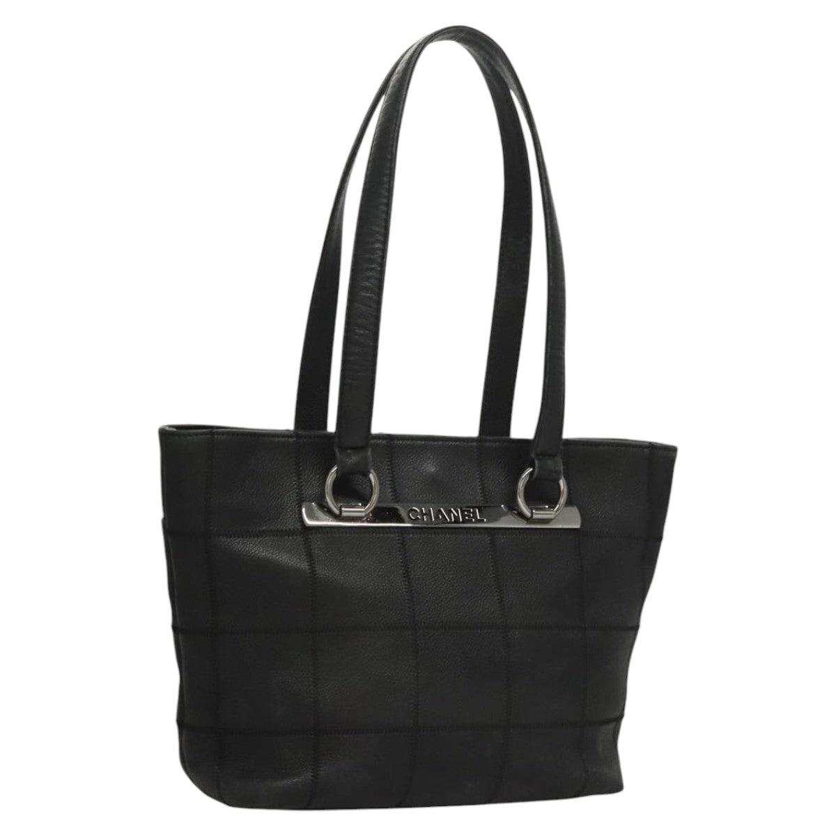 CHANEL Choco Bar Tote Bag Caviar Skin Black CC Auth BA881