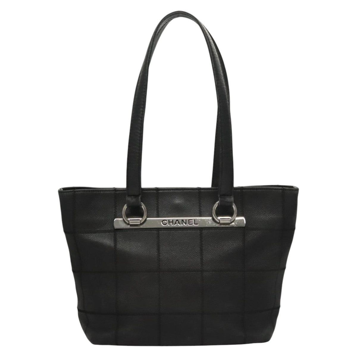 CHANEL Choco Bar Tote Bag Caviar Skin Black CC Auth BA881