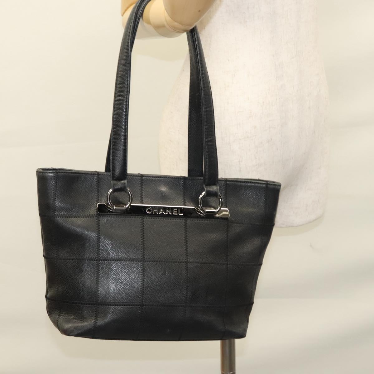 CHANEL Choco Bar Tote Bag Caviar Skin Black CC Auth BA881