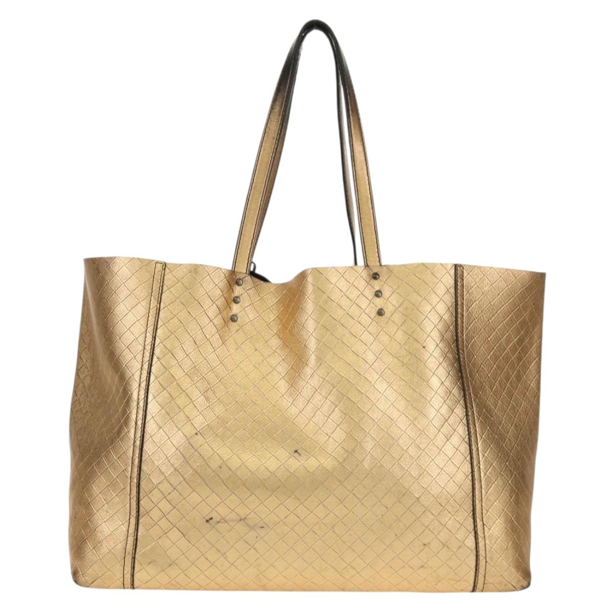BOTTEGA VENETA INTRECCIATO Tote Bag Leather Gold Auth BA8825