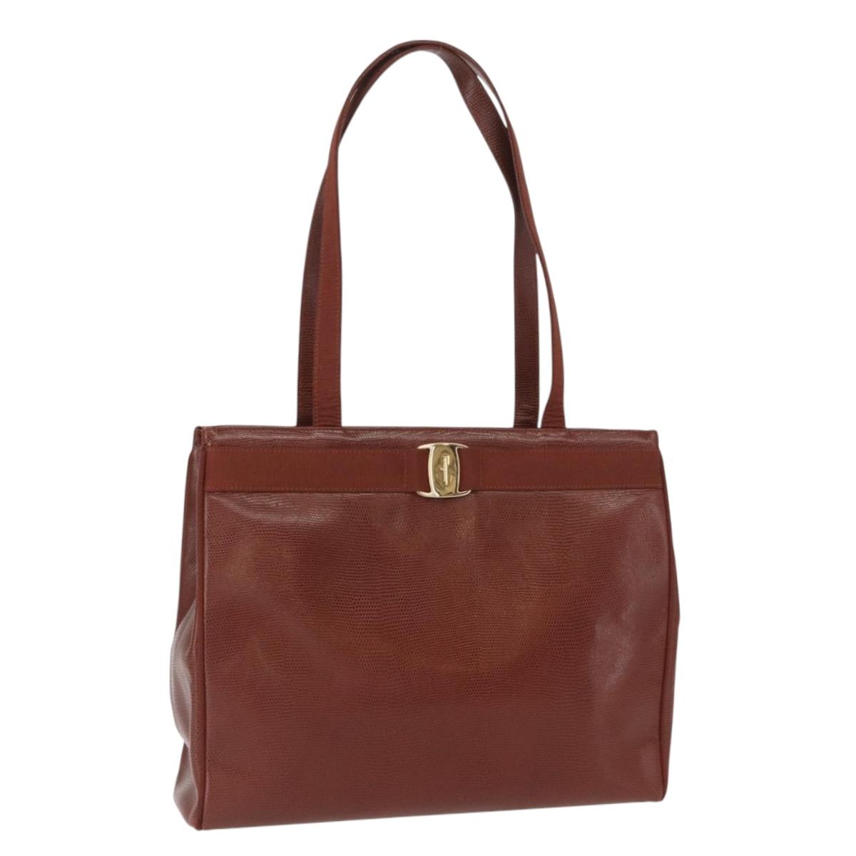 Salvatore Ferragamo Vala Tote Bag Leather Brown Gold Auth BA8853