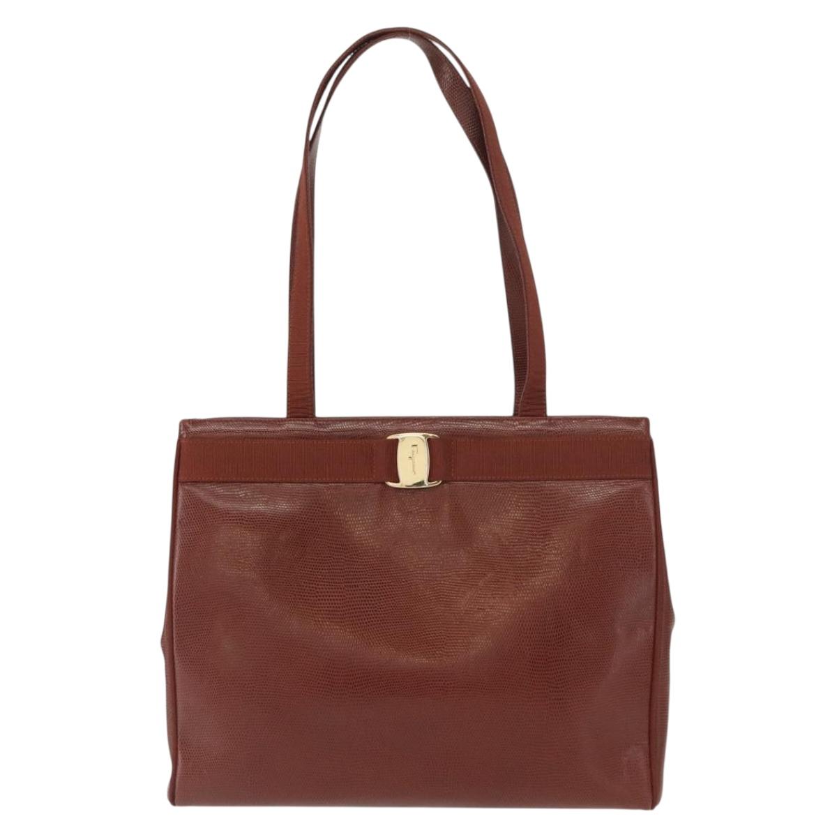 Salvatore Ferragamo Vala Tote Bag Leather Brown Gold Auth BA8853