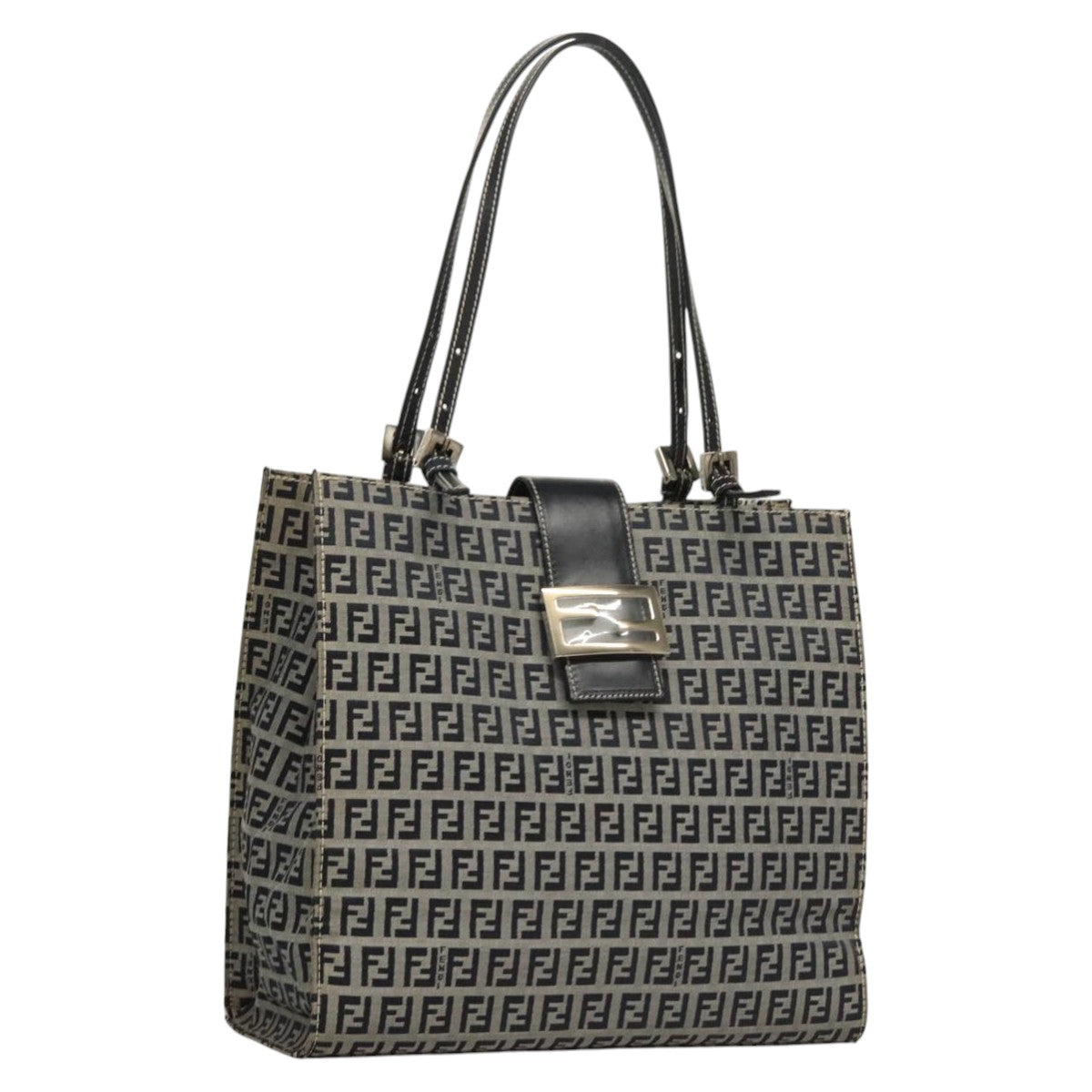 FENDI Zucchino Canvas Tote Bag Navy Silver Auth BA886V