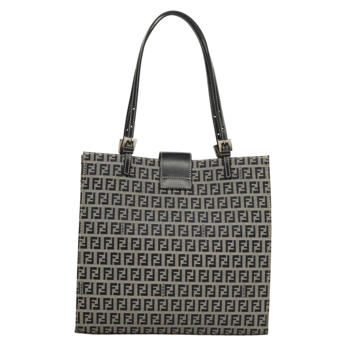FENDI Zucchino Canvas Tote Bag Navy Silver Auth BA886V