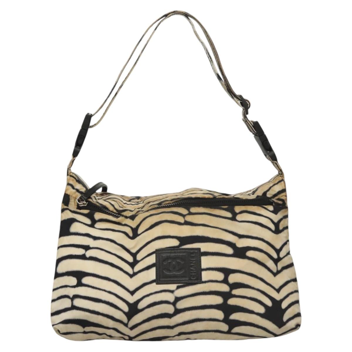 CHANEL Sports Shoulder Bag Nylon White Black CC Auth BA888