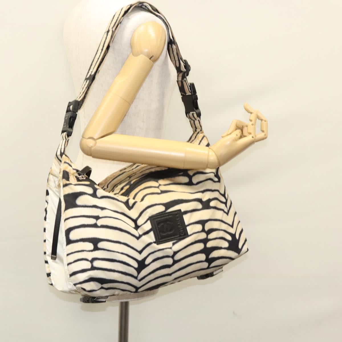 CHANEL Sports Shoulder Bag Nylon White Black CC Auth BA888