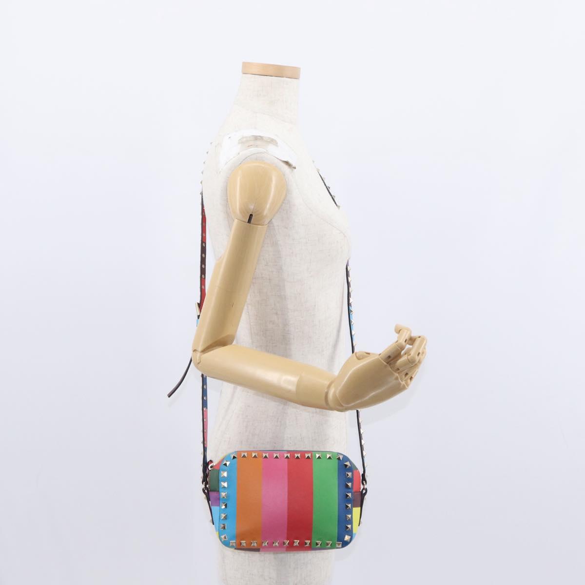 VALENTINO Studs Shoulder Bag Leather Gold Rainbow Auth BA8950