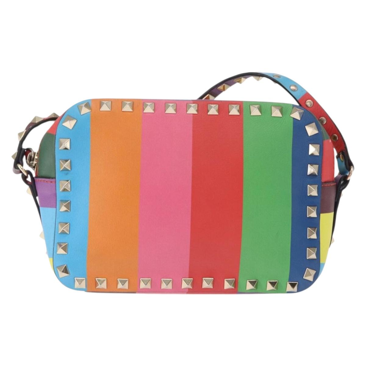 VALENTINO Studs Shoulder Bag Leather Gold Rainbow Auth BA8950