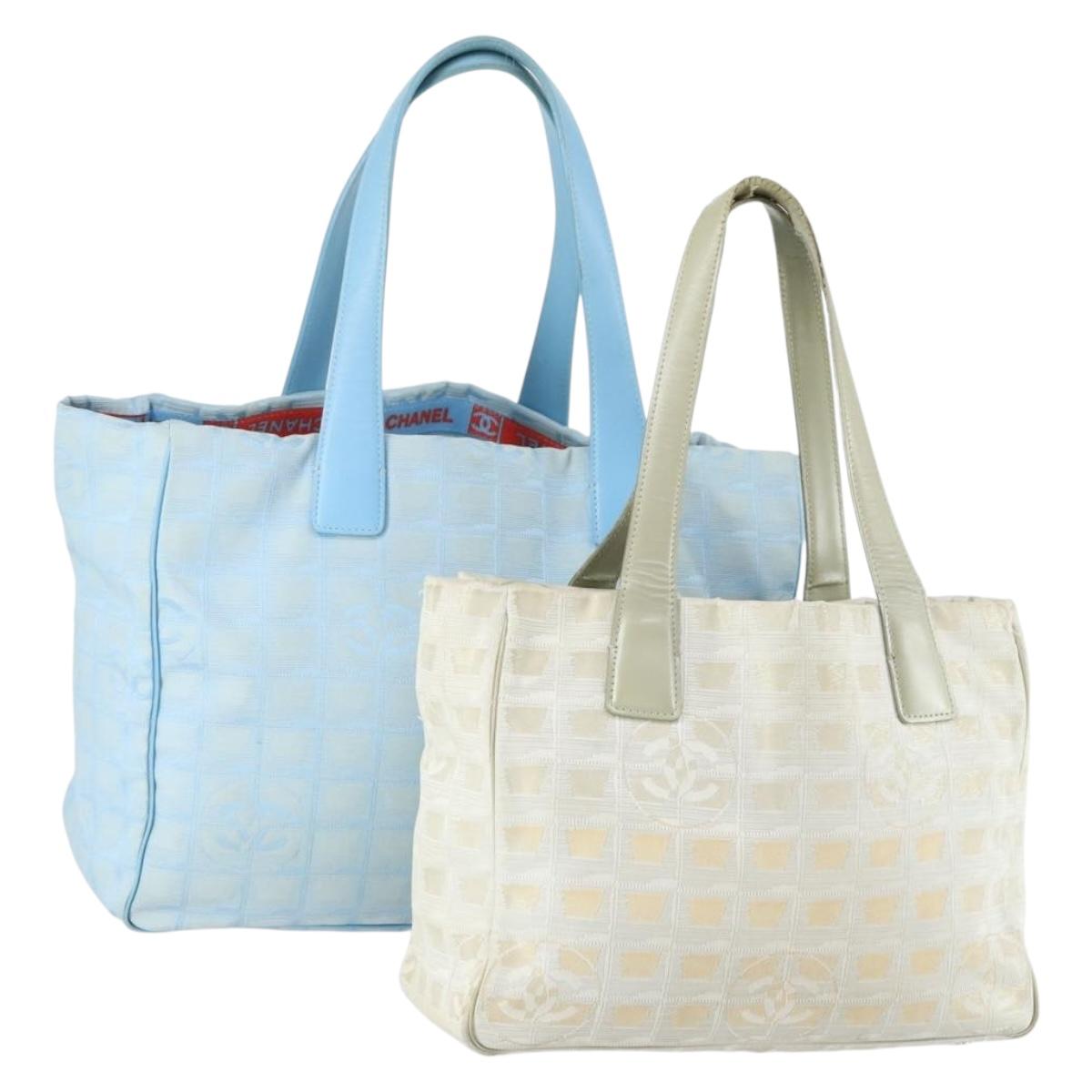 CHANEL New Travel line Tote Bag Nylon 2 Set Blue Beige CC Auth BA8965