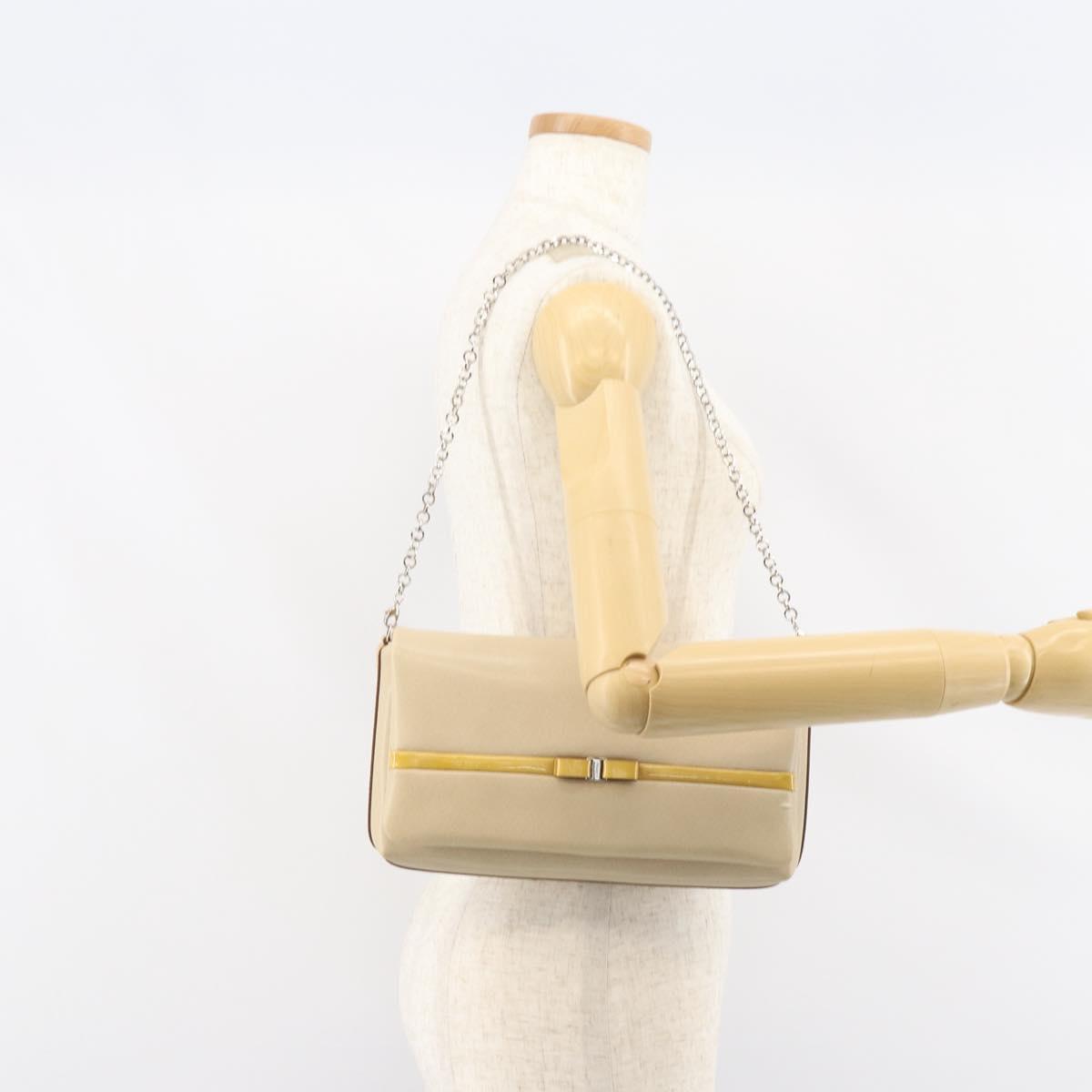 Salvatore Ferragamo Vala Chain Shoulder Bag Leather Beige Silver Auth BA8967