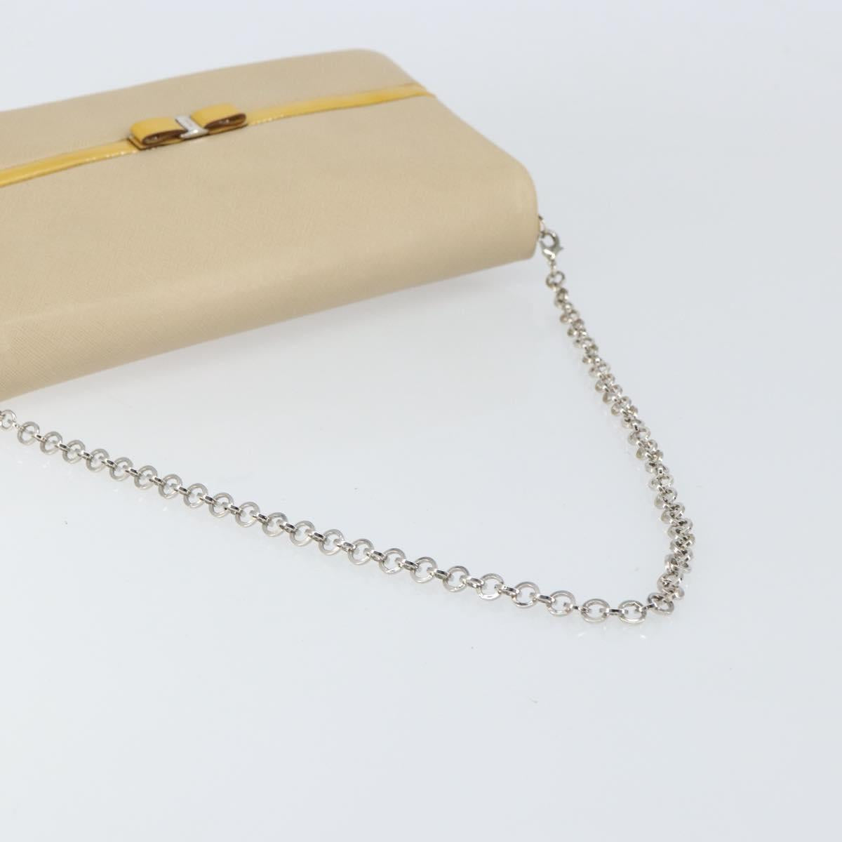 Salvatore Ferragamo Vala Chain Shoulder Bag Leather Beige Silver Auth BA8967