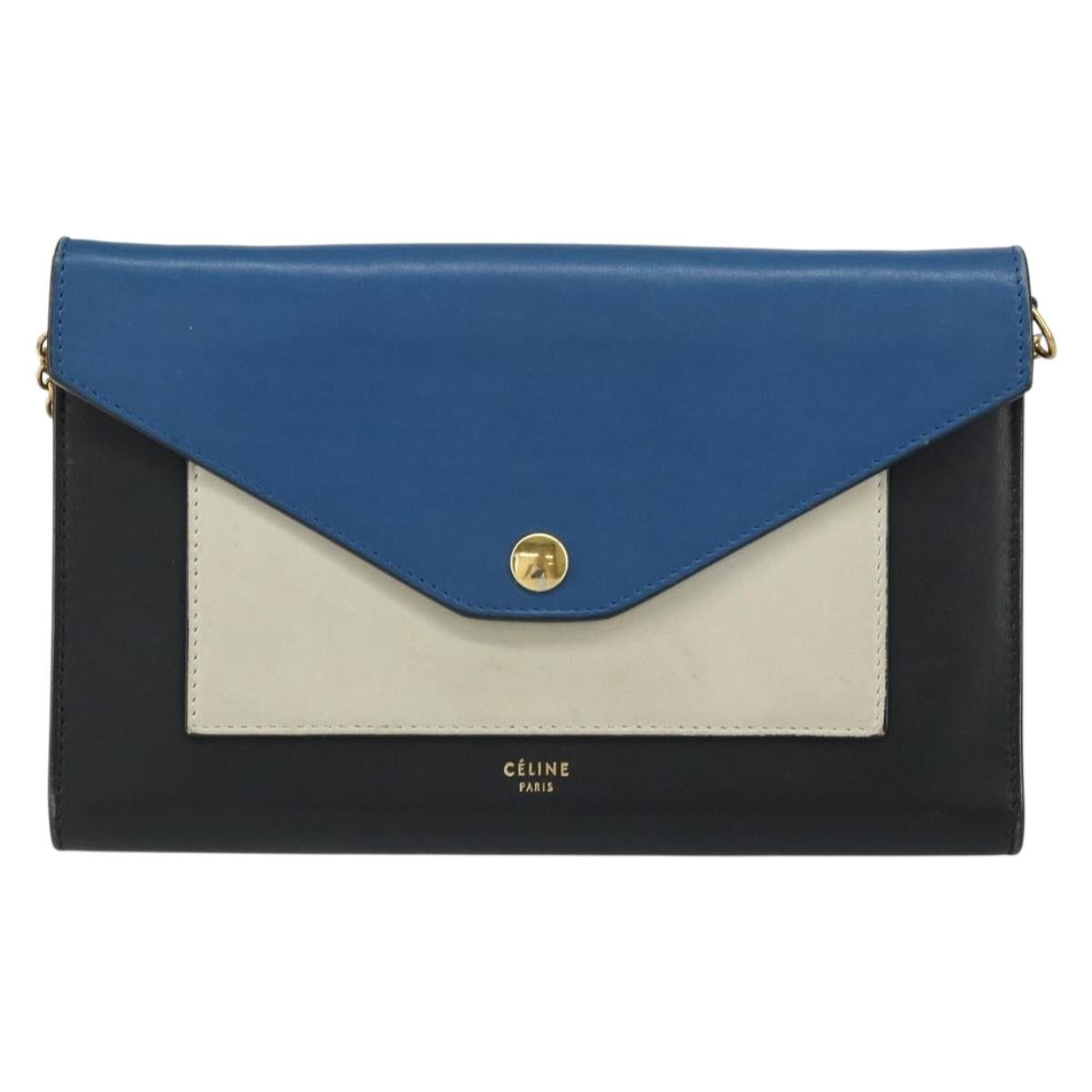 CELINE Chain Shoulder Wallet Bag Leather Multicolor Gold Auth BA8968