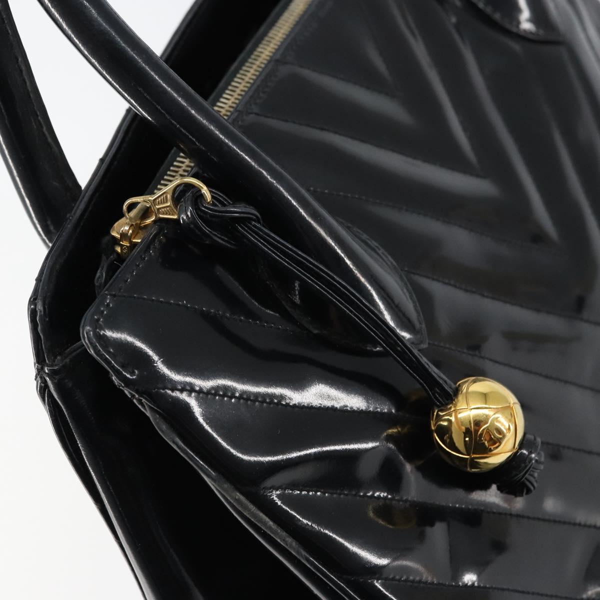 CHANEL V Stitch Hand Bag Enamel Black Gold CC Auth BA8975