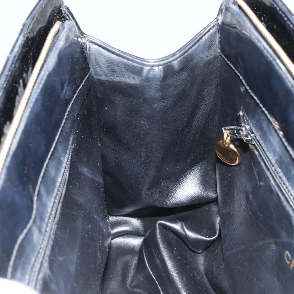 CHANEL V Stitch Hand Bag Enamel Black Gold CC Auth BA8975