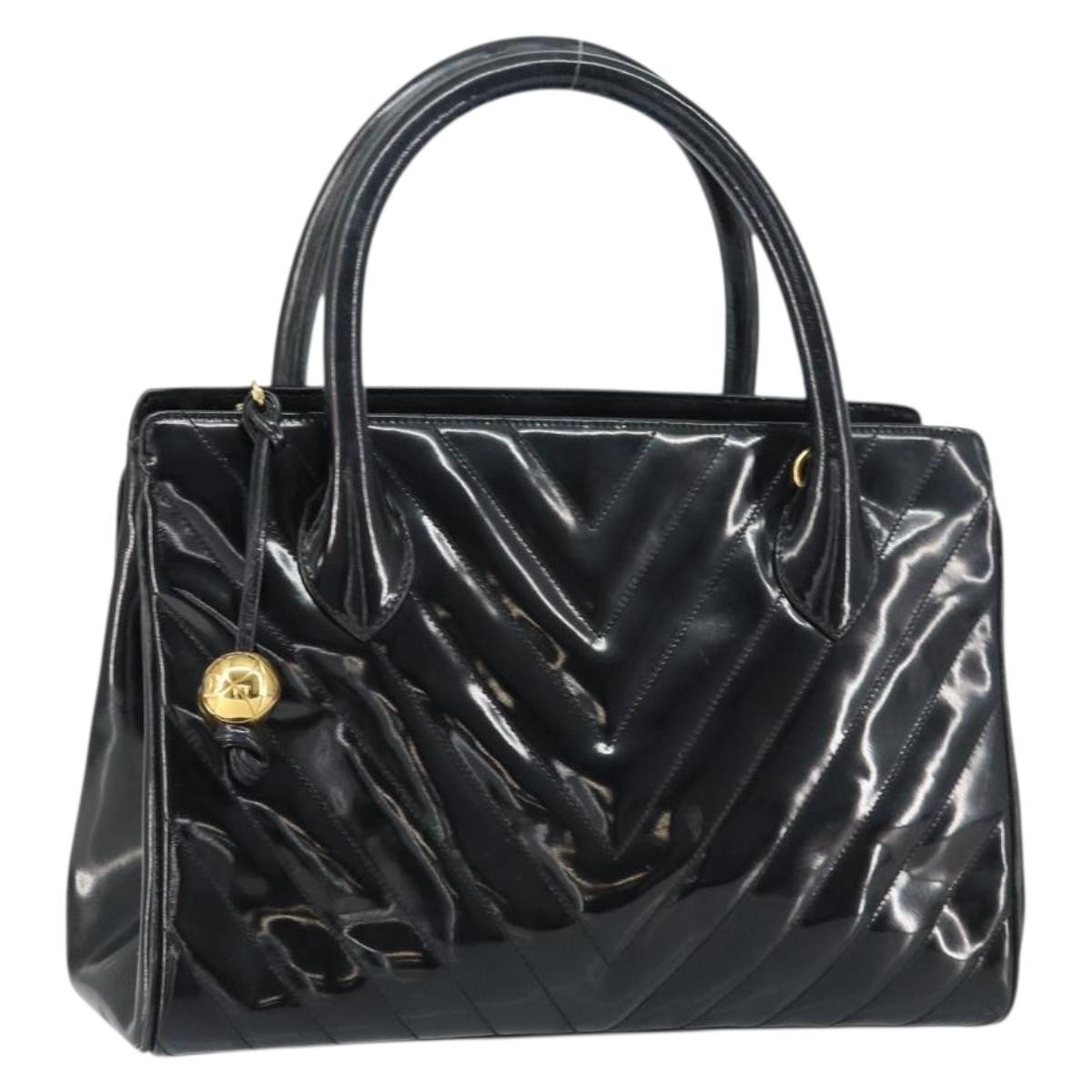 CHANEL V Stitch Hand Bag Enamel Black Gold CC Auth BA8975