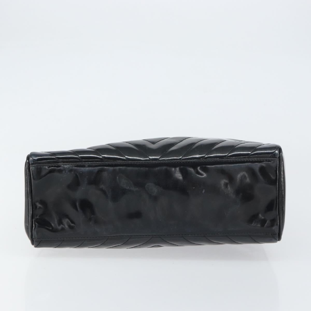 CHANEL V Stitch Hand Bag Enamel Black Gold CC Auth BA8975