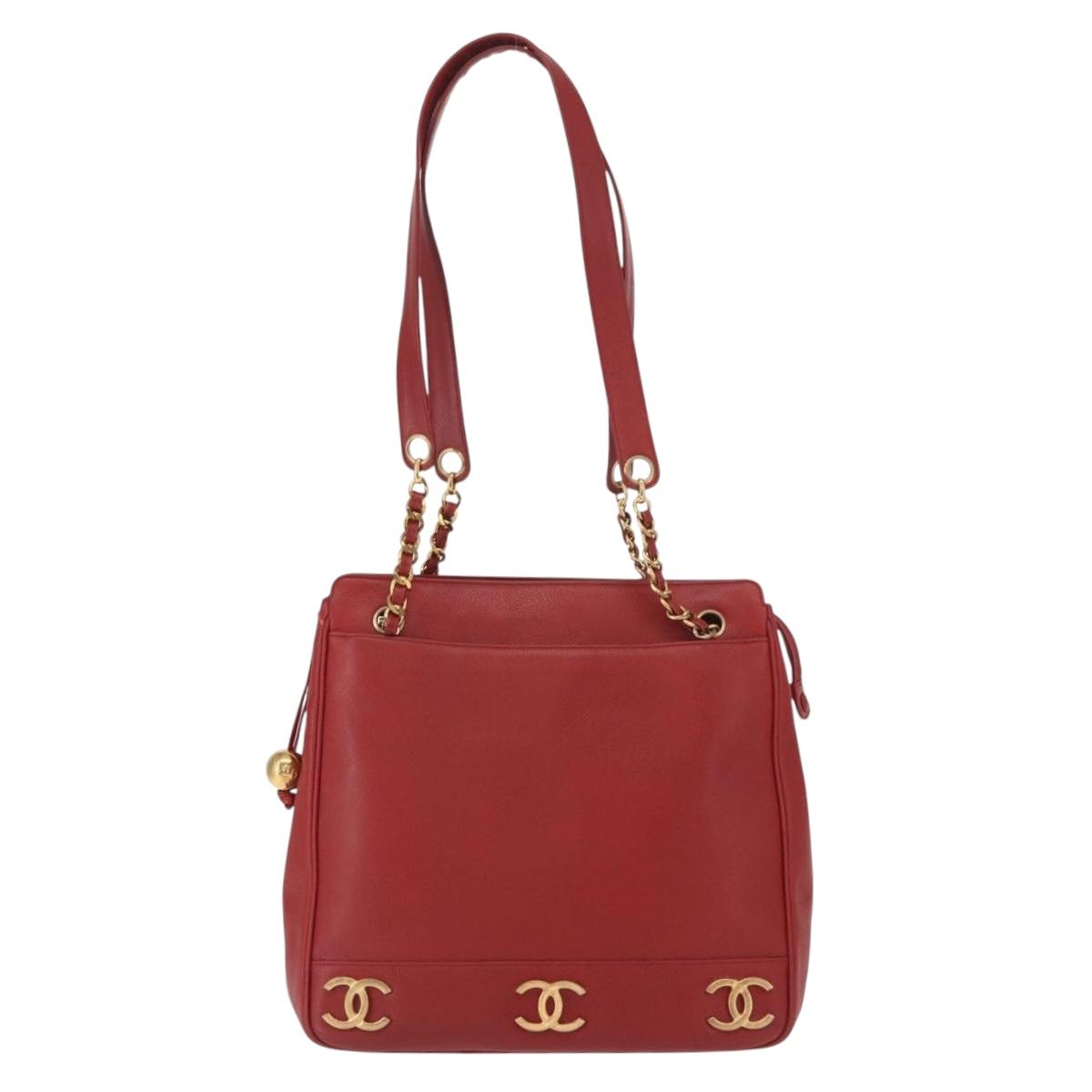 CHANEL Tote Bag Caviar Skin Red Gold CC Auth BA8976